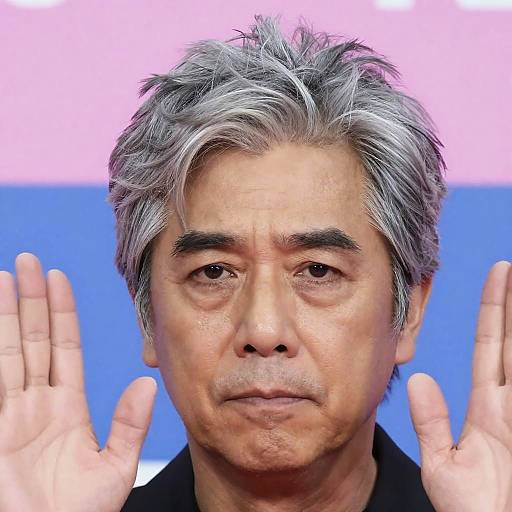 Middle-aged man with silver-gray hair and raised hands