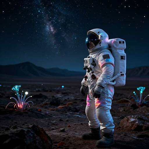 Photorealistic CGI of an astronaut in a white spacesuit with glowing lights, standing on a dark, rocky Martian landscape under a starry night sky