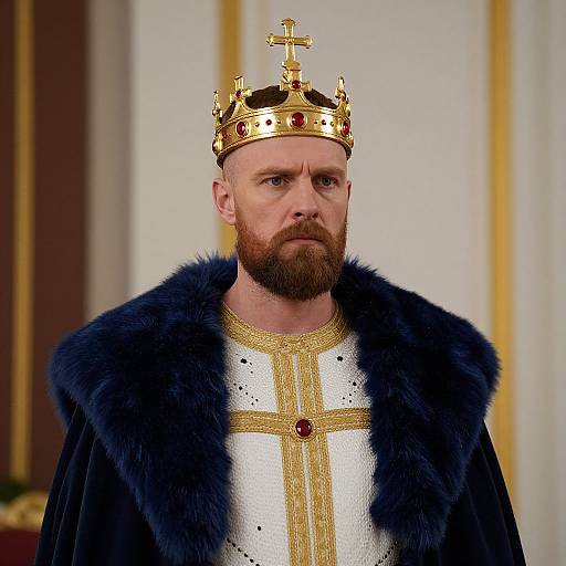Photograph of a bearded man with a serious expression, wearing a gold crown, white and gold embroidered robe, and a dark blue fur cloak,