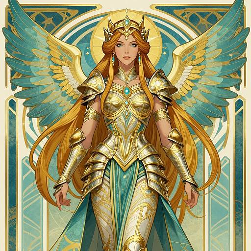 Digital illustration of a golden-winged, armored angelic woman with long orange hair, blue-green dress, and crown, standing against a radiant, geometric