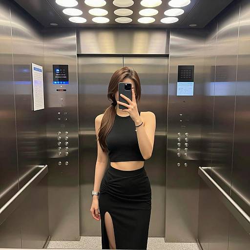 Chic Woman Taking Elevator Selfie