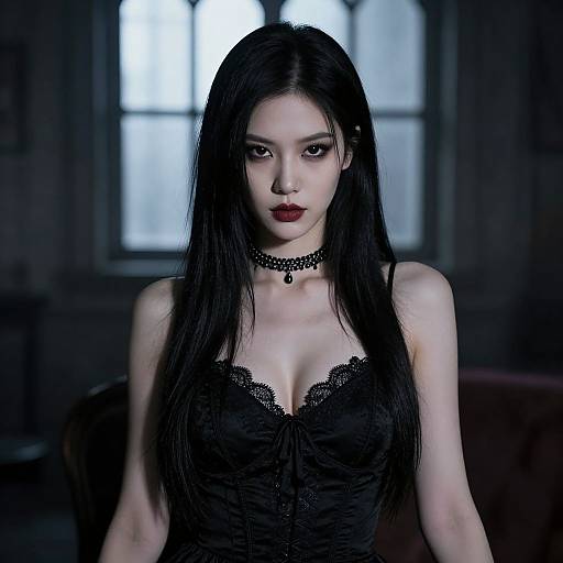 Photograph of a pale, young woman with long black hair, wearing a black lace corset, choker, and dark lipstick, standing in a