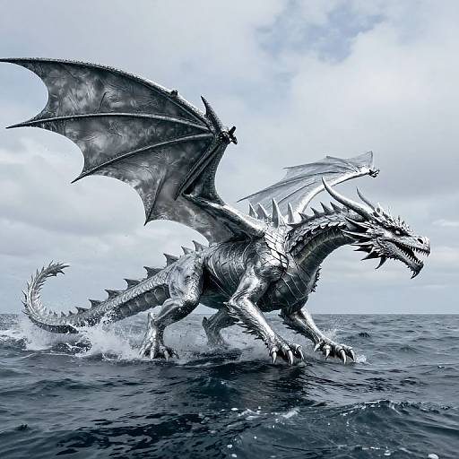 Photorealistic digital artwork of a silver, winged dragon with sharp spikes, splashing in dark ocean waves under a cloudy sky.