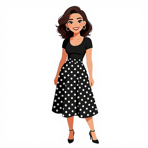 Digital illustration of a smiling, dark-haired woman in a black top and black polka dot skirt, wearing black high heels and earrings.