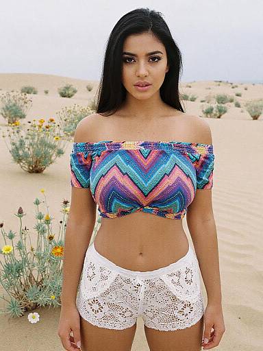 Photograph of a woman with long black hair, wearing a colorful off-shoulder crop top and white lace shorts, standing in a desert with sandy