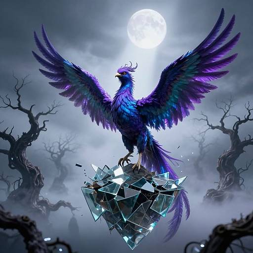 Digital artwork of a vibrant purple and blue phoenix with outstretched wings, perched on a crystalline pyramid, under a full moon, surrounded by