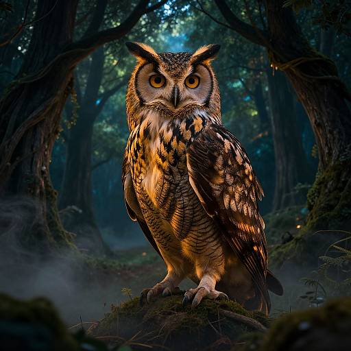 Photorealistic digital artwork of a vibrant, detailed owl with glowing yellow eyes, standing on a mossy tree branch in a dense, dark forest.