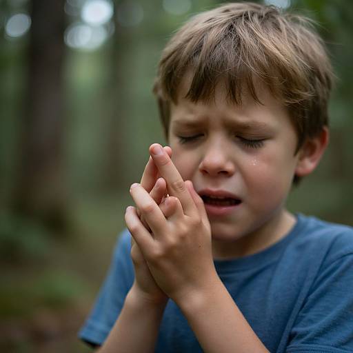 Photograph of a young boy with brown hair and blue shirt, tears in his eyes, praying in a forest with blurred green foliage in the background.