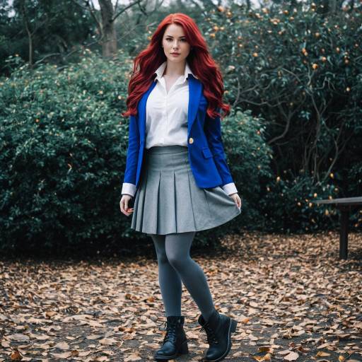 Young Woman in Blue Blazer and Gray Skirt Outdoors