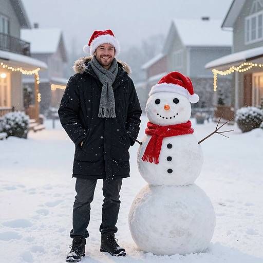 Photograph of a smiling man in a black coat, gray scarf, and Santa hat standing next to a festive snowman with a red scarf and hat