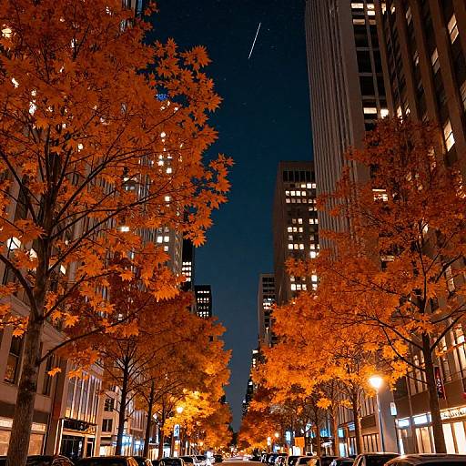 Autumn Urban Avenue Under Starry Sky