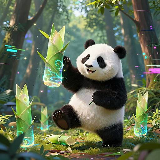 Digital illustration of a joyful panda in a magical forest, interacting with glowing, luminescent green crystals surrounded by lush greenery.
