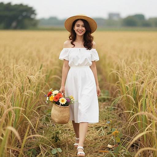 Smiling Asian Woman in Golden Field