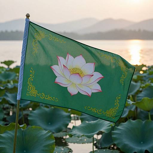 Lotus Flag Over Serene Lake Sunrise