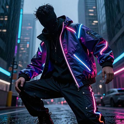 Photograph of a silhouetted man in a neon-lit, reflective jacket, crouching in a rainy city street, surrounded by glowing