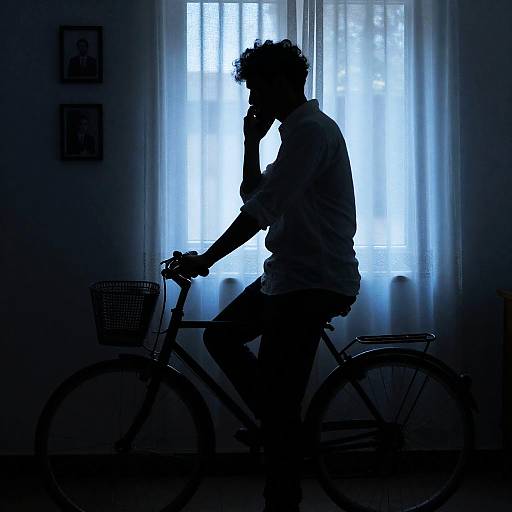 Silhouetted Man by Bicycle and Window