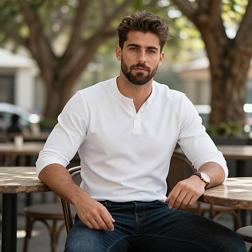 Confident Man at Rustic Café