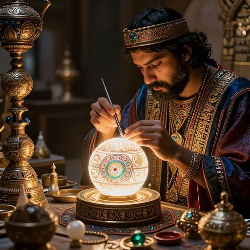 Photograph of a bearded Middle Eastern man with dark hair, wearing ornate headpiece and robe, intricately illuminating a glowing, decorative lantern