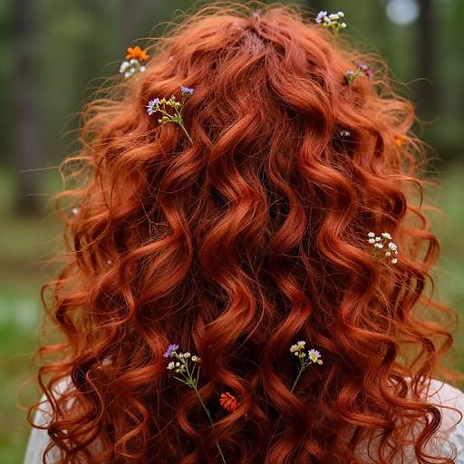Photograph of a person with vibrant, curly red hair adorned with small wildflowers, set against a blurred forest background.