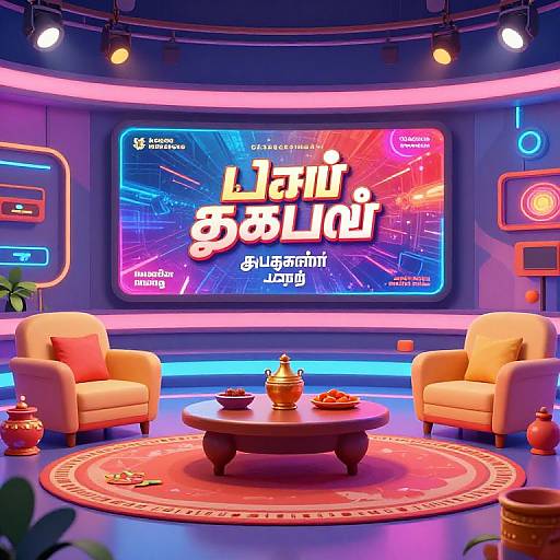 Neon-lit television studio with two beige armchairs, round red coffee table, and decorative pots, featuring a vibrant, blue-to-red screen