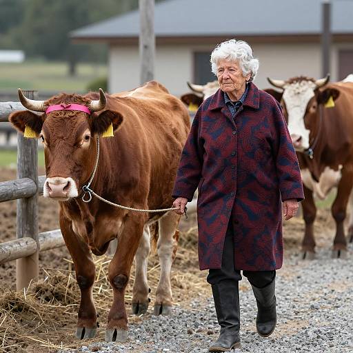 Elderly Woman Leading Brown Cow on Farm