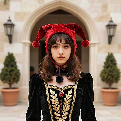 Young Woman in Velvet Jester Hat and Embroidered Dress