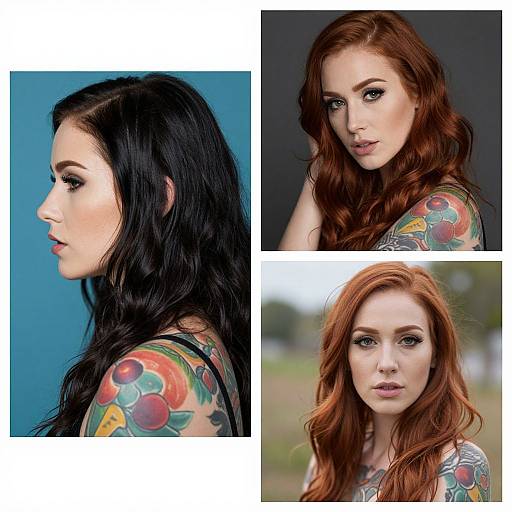 Photograph collage of three redheaded women with colorful tattoos, black and red hair, and intense expressions, set against blue and outdoor backgrounds.
