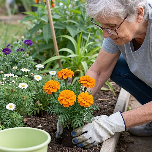 Senior Woman Planting Vibrant Marigolds
