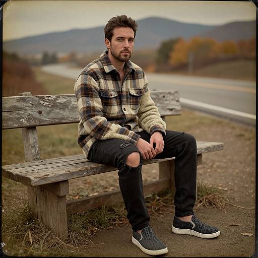 Photograph of a bearded man with short brown hair, wearing a plaid flannel shirt, black ripped jeans, and black sneakers, sitting on