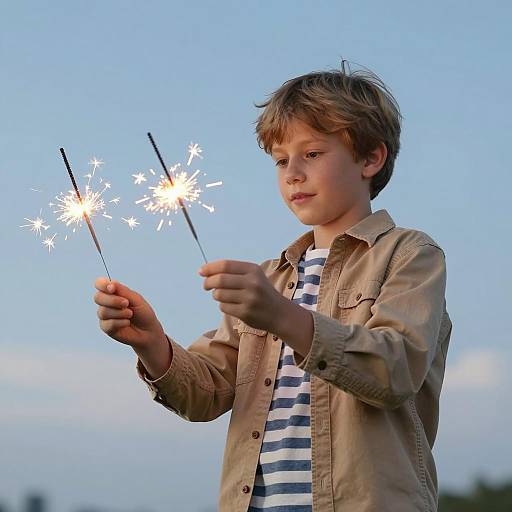 Boy with Sparkler Against Blue Sky