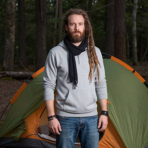 Photograph of a bearded, long-haired man in a grey hoodie, black scarf, and blue jeans standing in front of a green and orange camping