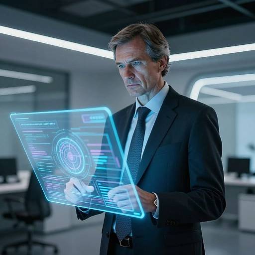 Middle-aged man in black suit and tie, holding a glowing blue holographic tablet, in a modern, futuristic office.