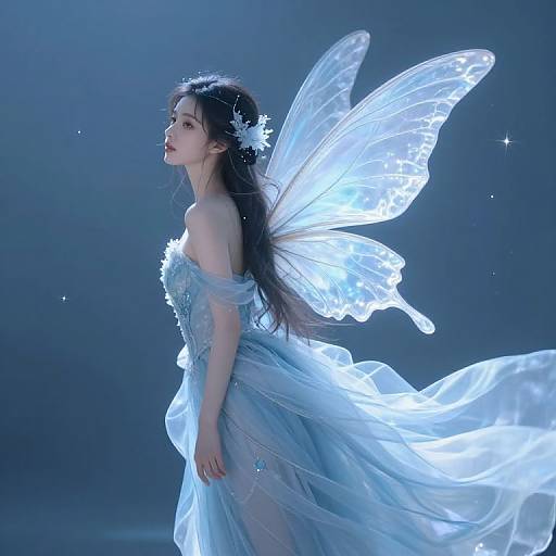 Photograph of an ethereal Asian woman with long black hair, wearing a glowing blue off-shoulder dress and translucent, luminescent wings,