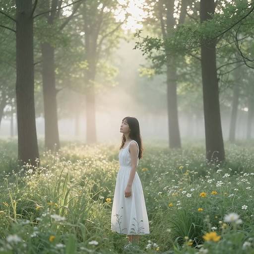Photograph of a young woman with long brown hair, wearing a white dress, standing in a sunlit forest meadow with wildflowers. Misty