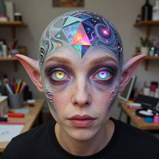 Photograph of a person with pale skin, pointed elf-like ears, and glowing multicolored eyes. Their head is adorned with a geometric, holog