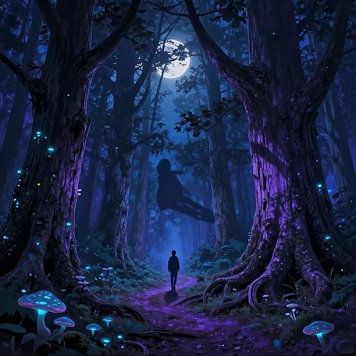 Digital art: A lone figure stands on a glowing purple path in a mystical blue and purple forest, surrounded by glowing mushrooms and fireflies, with a