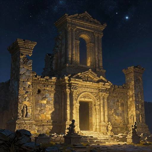 Photograph of a nighttime, illuminated, ancient stone ruin with detailed arches, statues, and a starry sky, casting warm yellow light.