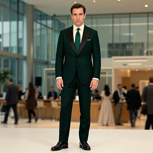 Photograph of a serious-looking man in a black pinstripe suit, white shirt, and green tie standing in a modern, well-lit office
