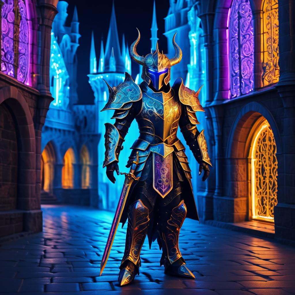 Futuristic Dragon Knight in Castle Streets