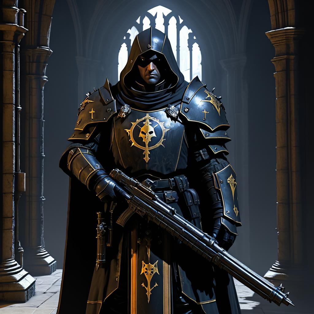 Inquisitor Portrait in Shadowy Cathedral