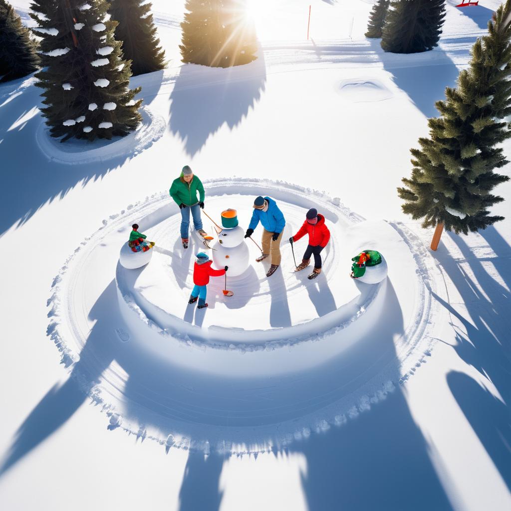 Bird's Eye View of Family Snowman Fun