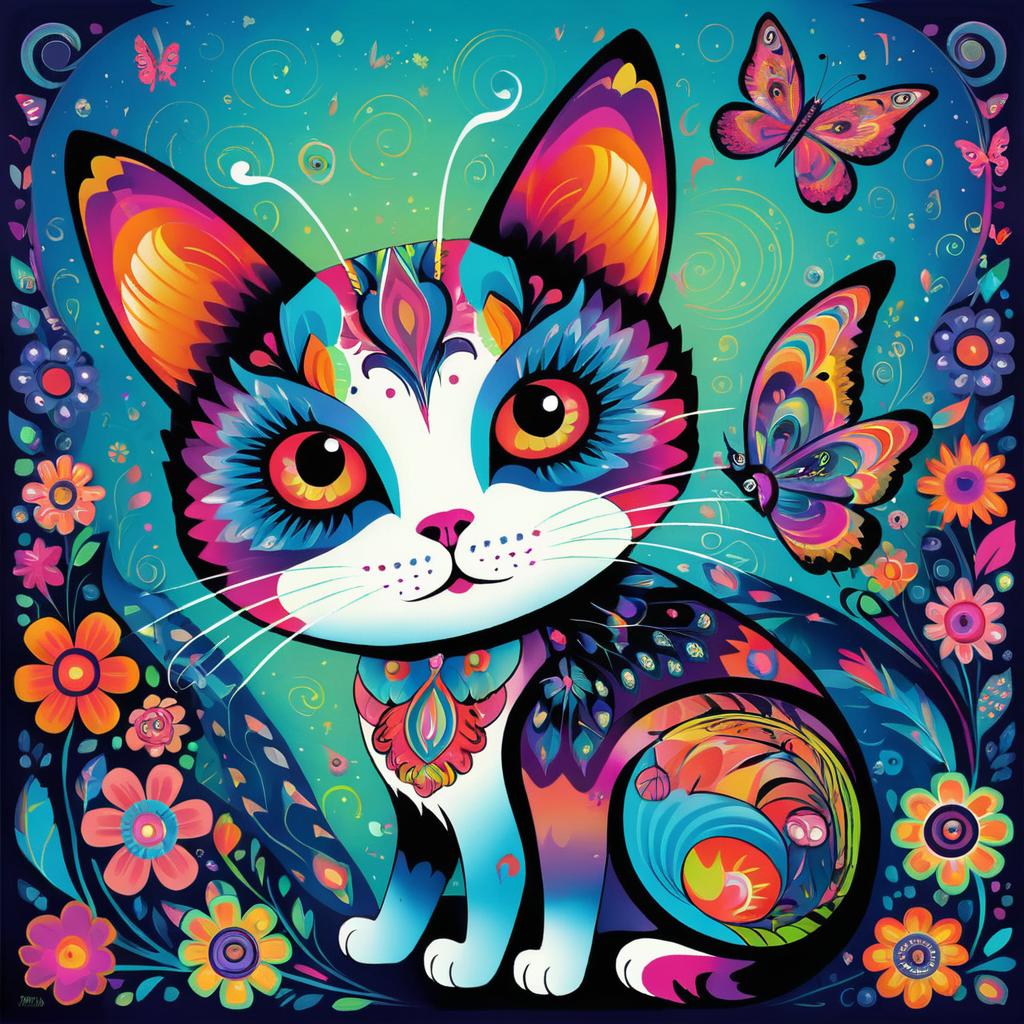 Whimsical Cat with Butterfly Wings Art