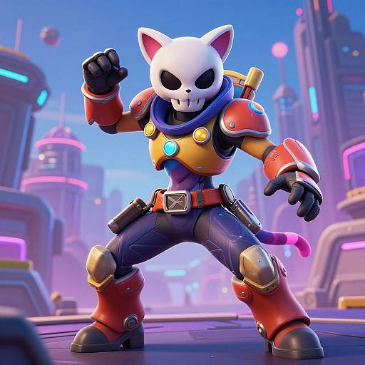 CGI image of a futuristic, cat-masked warrior in red armor, blue scarf, and yellow chestplate, standing confidently in a neon-lit