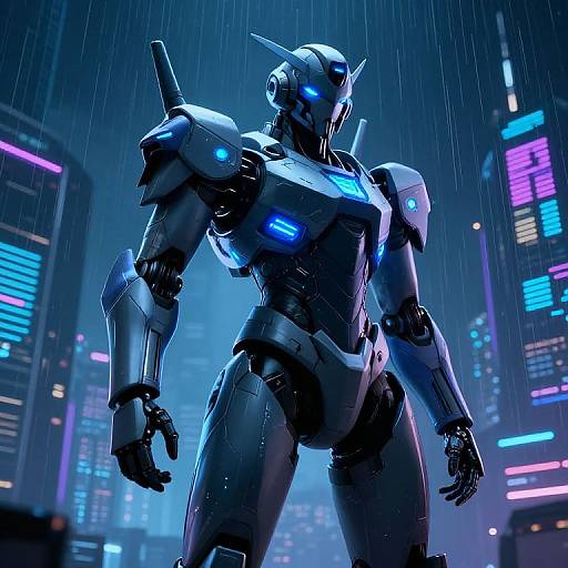 CGI image of a blue-accented, futuristic, humanoid robot standing in a rainy, neon-lit cybercity at night. The robot has