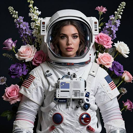 Photograph-style CGI: Beautiful woman in white astronaut suit with American flag patches, floral background, pink and purple roses, black backdrop.