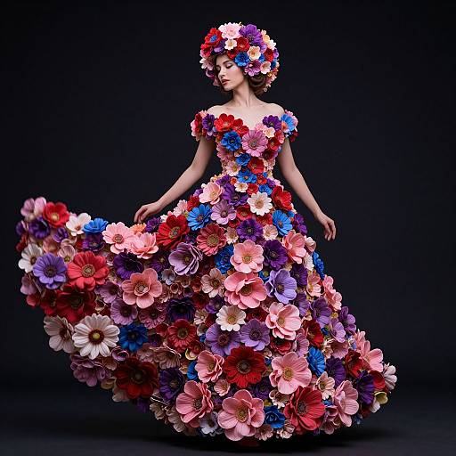 Photograph of a woman in a floral ball gown made of large, colorful flowers (reds, pinks, blues, whites), wearing a matching floral