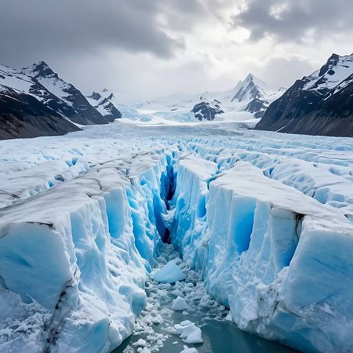 Photograph of a stunning glacier with icy blue ice walls and jagged peaks under a cloudy sky, creating a dramatic, cold landscape.