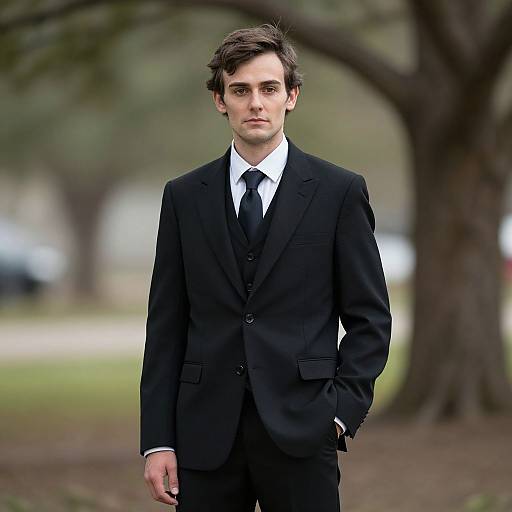 Photograph of a young Caucasian man with dark brown hair, wearing a black suit, white shirt, and black tie, standing outdoors with trees in the
