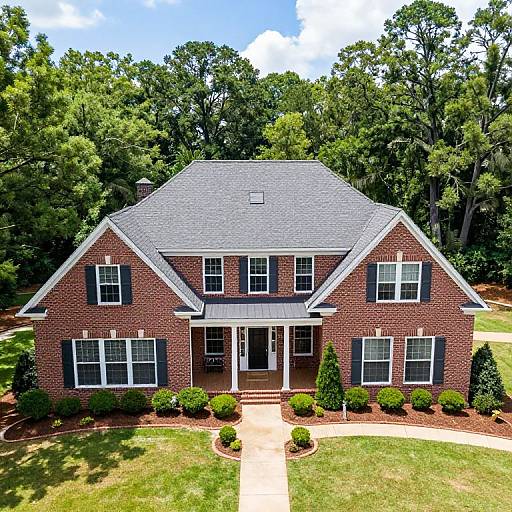 Photograph of a two-story red brick house with gray shingled roof, white trim, black shutters, and well-maintained front garden