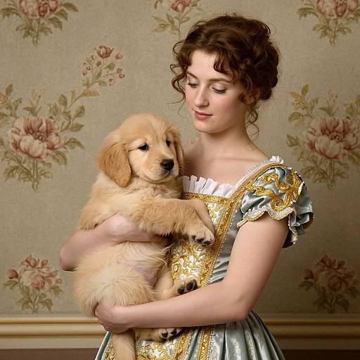 Photorealistic image of a fair-skinned, curly-haired woman in a silver and gold dress, gently holding a fluffy golden puppy against a floral-pattern